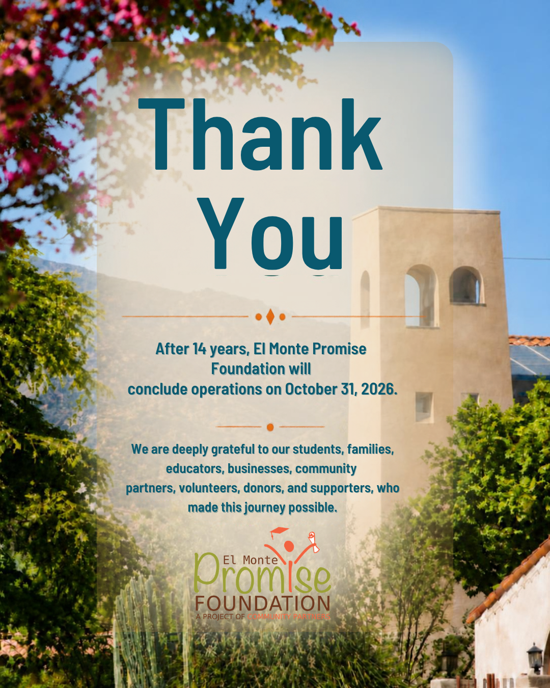 English closure announcement for El Monte Promise Foundation