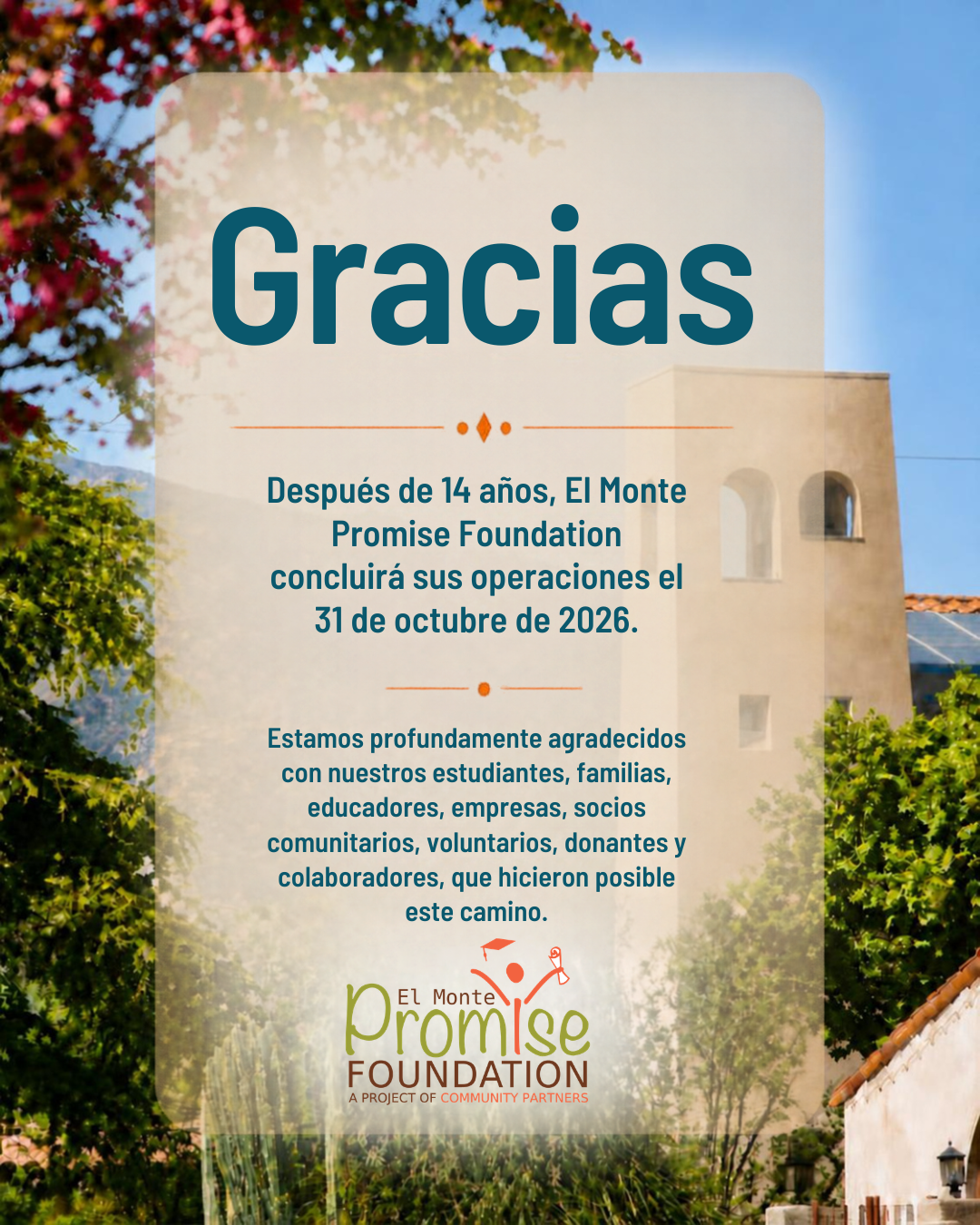 Anuncio en español sobre el cierre de El Monte Promise Foundation